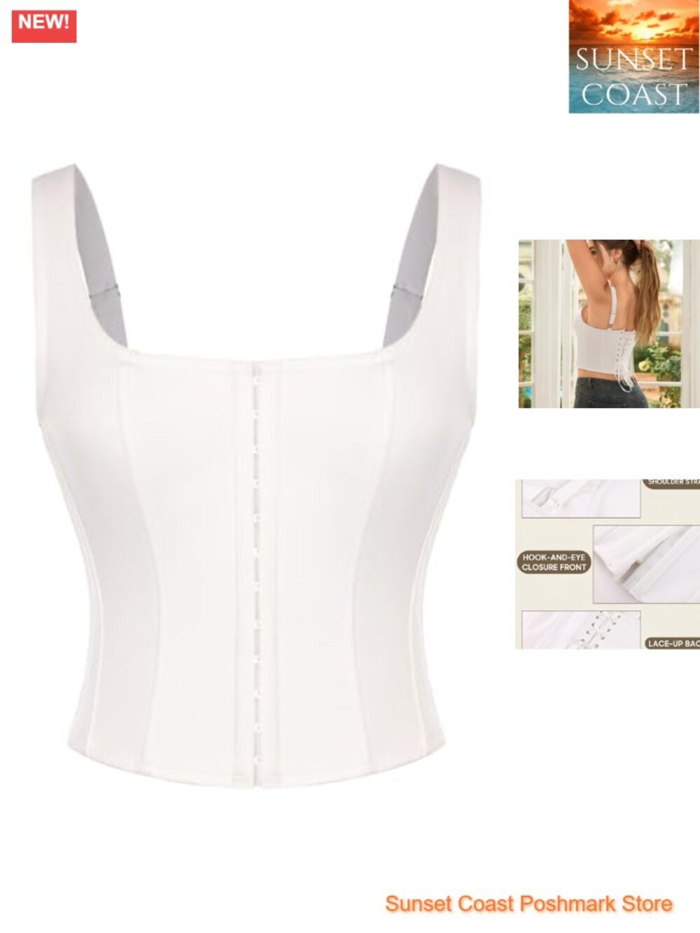 Square Neck Bustier Corset Tank Top Sleeveless Adjustable Straps Hook Eye